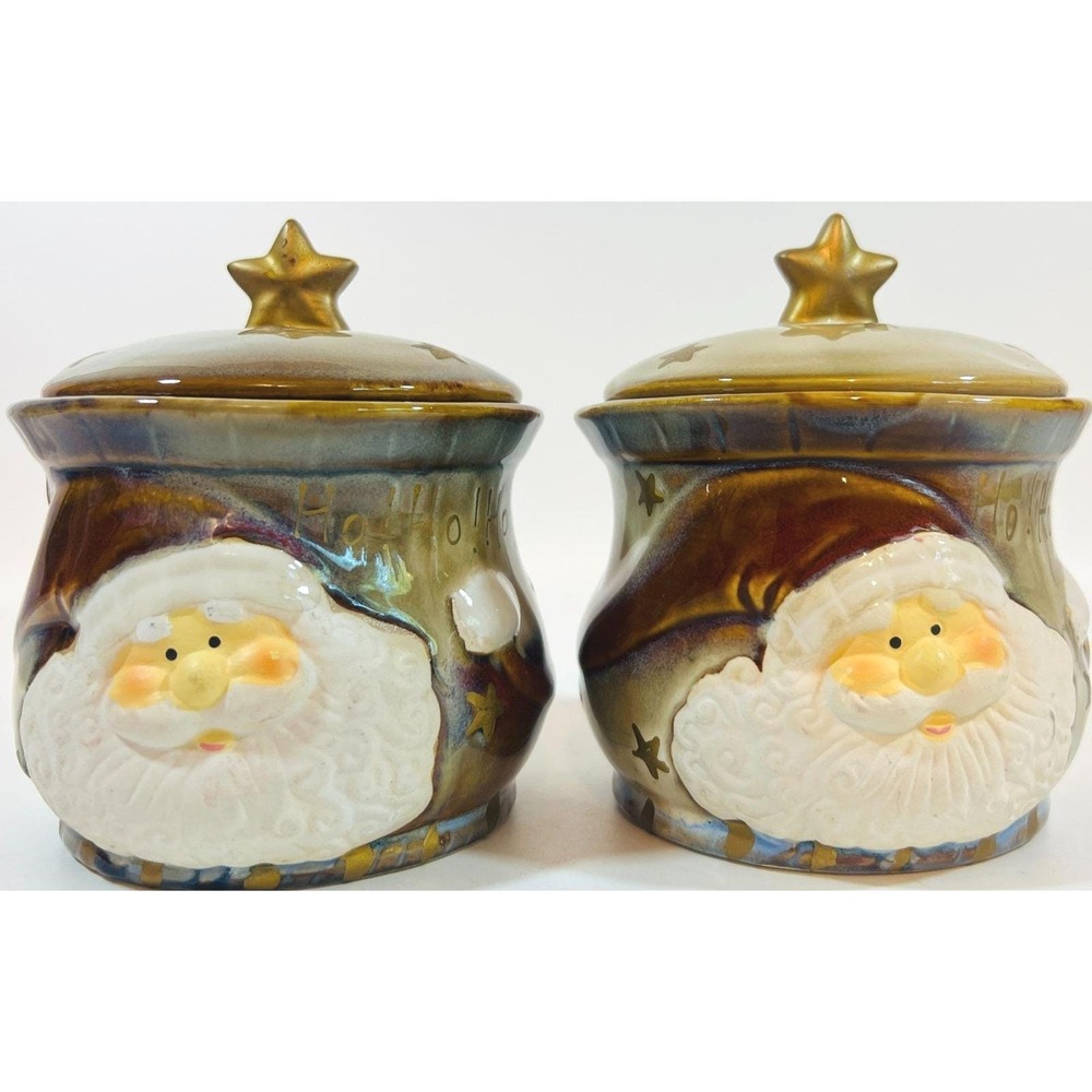 Santa Face Ceramic Bowls Sugar & Powdered Creamer Star Lid "Ho! Ho! Ho!" Design‎